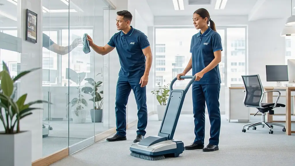 Professional cleaning team in the UK working in a modern office space